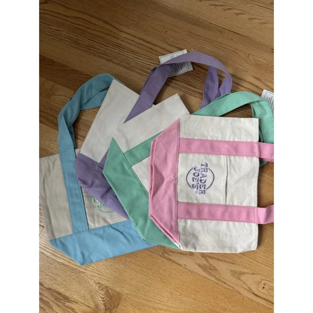 Trader Joe's Mini Pastel Canvas Tote Bag Set Of 4 Pink‎ Blue Green Purple New